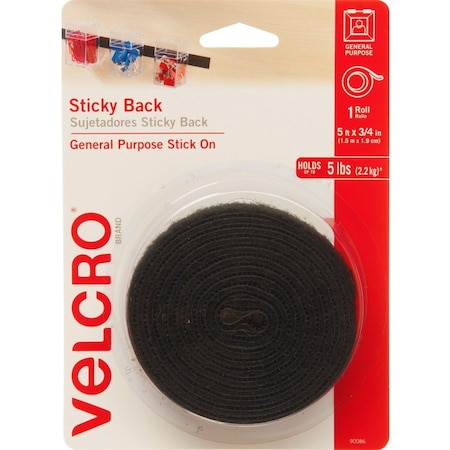 Velcro Brand Reclosable Fastener, 5 ft, 3/4" W, Black VEK90086